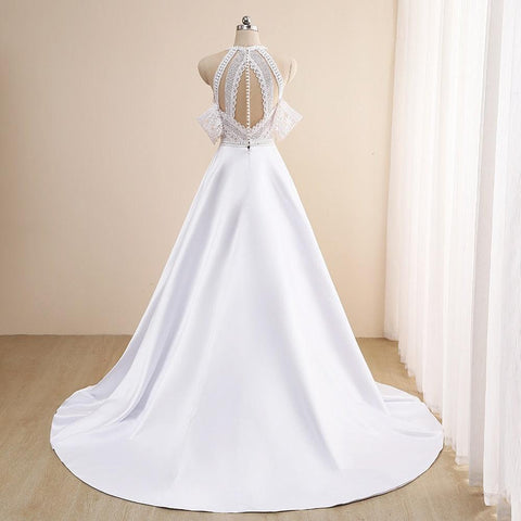 NumberSea Einfache A-Linie Brautkleider Sexy Illusion O-Ausschnitt Schulterfrei Knopf Cut-Out Spitze Appliziert Neu 2021 Lange Brautkleider Custom