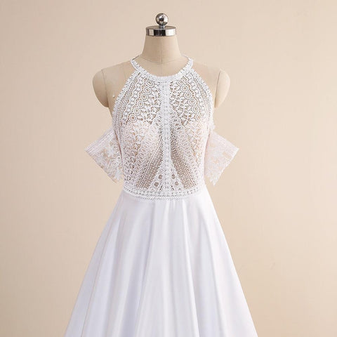 NumberSea Einfache A-Linie Brautkleider Sexy Illusion O-Ausschnitt Schulterfrei Knopf Cut-Out Spitze Appliziert Neu 2021 Lange Brautkleider Custom