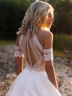 NumberSea Vestidos de noiva simples em linha A, ilusão sexy, decote redondo, ombros de fora, botões, recortes, renda, apliques, novos vestidos de noiva longos personalizados de 2021