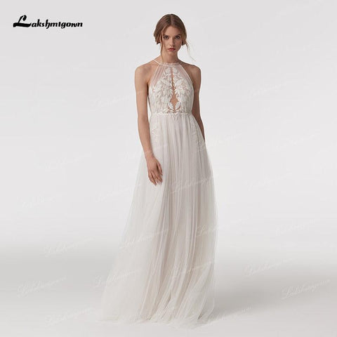 NumberSea Vintage Halter Neck Boho Strand Brautkleider vestido de novia 2021 Spitze Bohemian A-linie Weiche Tüll Brautkleid Ärmelloses