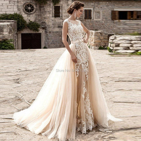 NumberSea Sexy Duas Peças Sereia Vestidos de Noiva 2021 Champanhe com Saia Destacável Romântico Marfim Renda Apliques Vestidos de Noiva