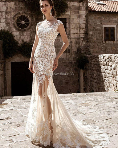 NumberSea Sexy Duas Peças Sereia Vestidos de Noiva 2021 Champanhe com Saia Destacável Romântico Marfim Renda Apliques Vestidos de Noiva