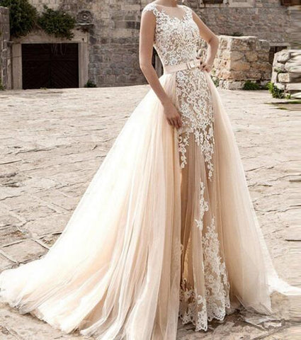 NumberSea Sexy Duas Peças Sereia Vestidos de Noiva 2021 Champanhe com Saia Destacável Romântico Marfim Renda Apliques Vestidos de Noiva