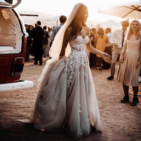 Vestidos de Noiva NumberSea com Apliques de Flores 3D e Renda Transparente, Sem Alças, Tule Dividido, Cinza Escuro, Prateado, Praia, Boho, Vestidos de Noiva com Cristais