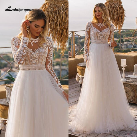 NumberSea Vintage Long Sleeve Boho Wedding Dresses 2024 vestido de novia Lace High Neck Plus Size A Line Beach Bridal Gowns robe de mariee
