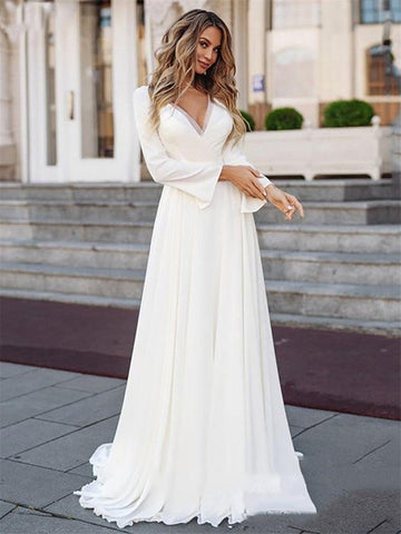 NumberSea Schlichtes Langarm-Brautkleid 2021 Boho V-Ausschnitt Brautkleid Schärpen Lange Brautkleider Vintage Bohemian Applizierte Rückseite