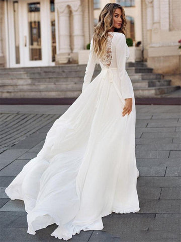 NumberSea Schlichtes Langarm-Brautkleid 2021 Boho V-Ausschnitt Brautkleid Schärpen Lange Brautkleider Vintage Bohemian Applizierte Rückseite