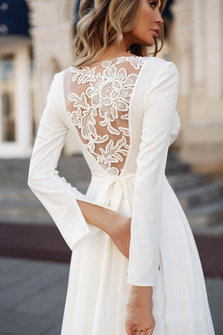NumberSea Schlichtes Langarm-Brautkleid 2021 Boho V-Ausschnitt Brautkleid Schärpen Lange Brautkleider Vintage Bohemian Applizierte Rückseite