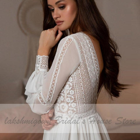 NumberSea Vestidos Boho Braut Langarm Brautkleider A-linie 2021 Robe Longue Einfache Strand Chiffon Lange Brautkleider Tiefem V-ausschnitt