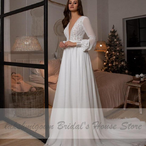 NumberSea Vestidos Boho Braut Langarm Brautkleider A-linie 2021 Robe Longue Einfache Strand Chiffon Lange Brautkleider Tiefem V-ausschnitt