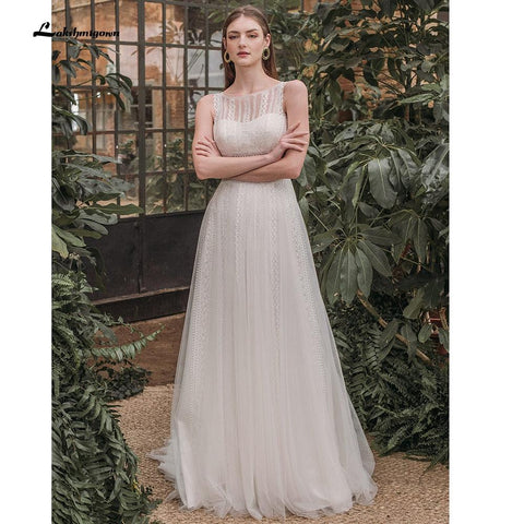 NumberSea Vestido De Noiva Elegante Strand Boho O Neck Spitze Ärmellose Brautkleider Sexy Bohemian Brautkleid vestido para boda playa