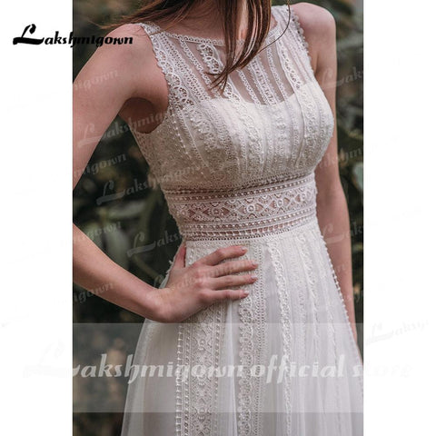 NumberSea Vestido De Noiva Elegante Strand Boho O Neck Spitze Ärmellose Brautkleider Sexy Bohemian Brautkleid vestido para boda playa