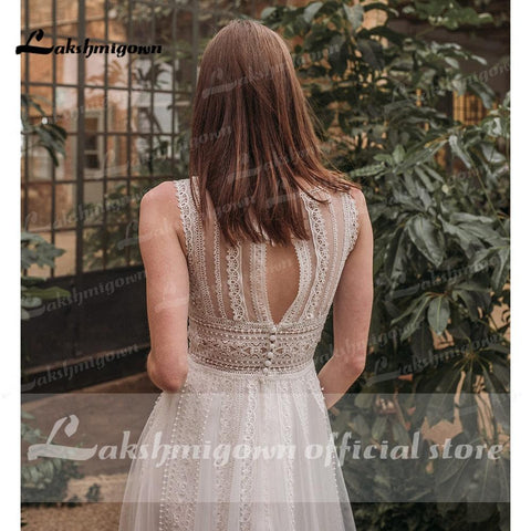 NumberSea Vestido De Noiva Elegante Strand Boho O Neck Spitze Ärmellose Brautkleider Sexy Bohemian Brautkleid vestido para boda playa