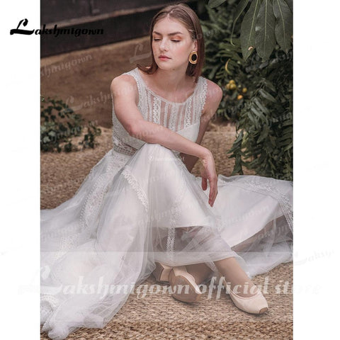 NumberSea Vestido De Noiva Elegante Strand Boho O Neck Spitze Ärmellose Brautkleider Sexy Bohemian Brautkleid vestido para boda playa