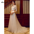 NumberSea Abito da Sposa Due Pezzi Collo alla Giulietta Strascico a Corte Tulle su Pizzo Pizzo Cordato Mezza Manica Manica Illusion con Fascie/Nastri
