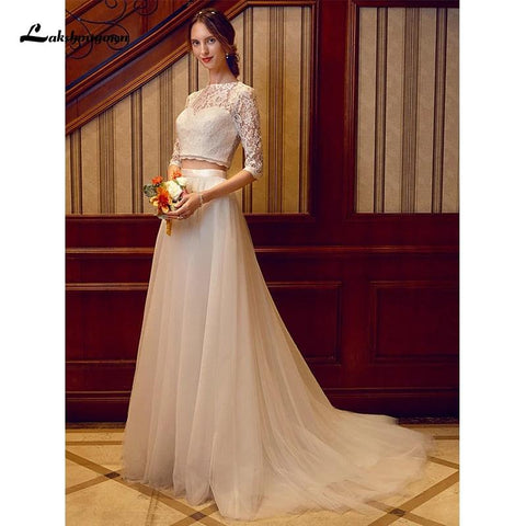 NumberSea Zweiteiliges Brautkleid mit Rundhalsausschnitt, Hofschleppe, Tüll über Spitze, Kordelspitze, halbe Ärmel, Illusionsärmel mit Schärpen/Bändern