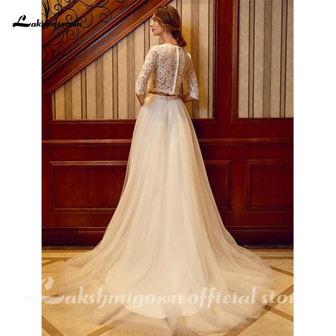 NumberSea Zweiteiliges Brautkleid mit Rundhalsausschnitt, Hofschleppe, Tüll über Spitze, Kordelspitze, halbe Ärmel, Illusionsärmel mit Schärpen/Bändern
