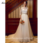 NumberSea Two Piece Wedding Dresses Jewel Neck Court Train Tulle Over Lace Corded Lace Half Sleeve Illusion Sleeve with Sashes/Ribbons