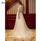 NumberSea Two Piece Wedding Dresses Jewel Neck Court Train Tulle Over Lace Corded Lace Half Sleeve Illusion Sleeve with Sashes/Ribbons