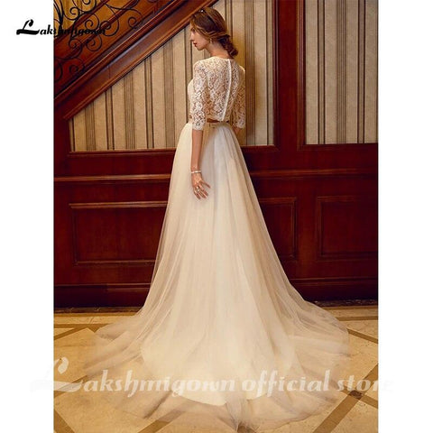 NumberSea Zweiteiliges Brautkleid mit Rundhalsausschnitt, Hofschleppe, Tüll über Spitze, Kordelspitze, halbe Ärmel, Illusionsärmel mit Schärpen/Bändern