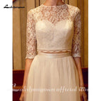 NumberSea Two Piece Wedding Dresses Jewel Neck Court Train Tulle Over Lace Corded Lace Half Sleeve Illusion Sleeve with Sashes/Ribbons