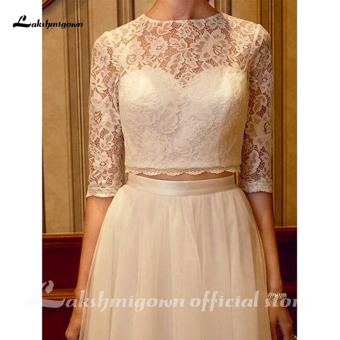 NumberSea Zweiteiliges Brautkleid mit Rundhalsausschnitt, Hofschleppe, Tüll über Spitze, Kordelspitze, halbe Ärmel, Illusionsärmel mit Schärpen/Bändern