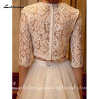 NumberSea Two Piece Wedding Dresses Jewel Neck Court Train Tulle Over Lace Corded Lace Half Sleeve Illusion Sleeve with Sashes/Ribbons