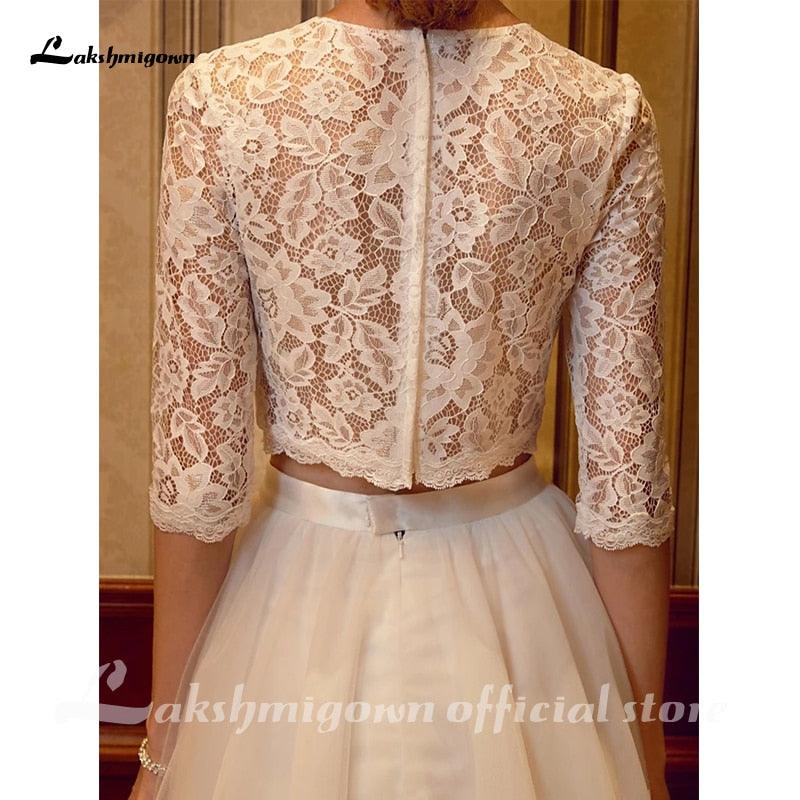 NumberSea Two Piece Wedding Dresses Jewel Neck Court Train Tulle Over Lace Corded Lace Half Sleeve Illusion Sleeve with Sashes/Ribbons