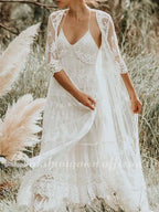 NumberSea Two Piece A-Line Wedding Dresses Spaghetti Strap Sweep / Brush Train Lace Sleeveless Boho with Embroidery