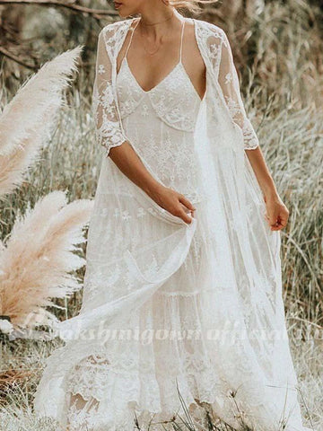 NumberSea Zweiteiliges A-Linien-Brautkleid mit Spaghettiträgern, Sweep/Pinselschleppe, Spitze, ärmellos, Boho-Stil mit Stickerei
