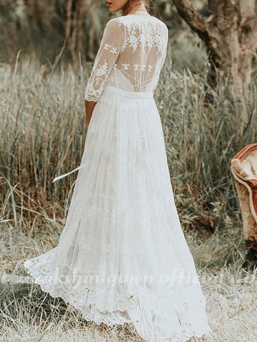 NumberSea Zweiteiliges A-Linien-Brautkleid mit Spaghettiträgern, Sweep/Pinselschleppe, Spitze, ärmellos, Boho-Stil mit Stickerei