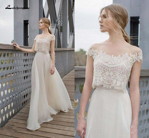 NumberSea Zweiteiliges BOHO-Brautkleid mit Spitzenapplikationen, Mieder, Illusionsausschnitt, Chiffon, A-Linie, romantisches Bohemian-Brautkleid, Sommer
