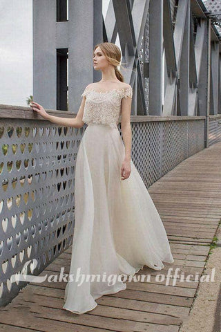 NumberSea Zweiteiliges BOHO-Brautkleid mit Spitzenapplikationen, Mieder, Illusionsausschnitt, Chiffon, A-Linie, romantisches Bohemian-Brautkleid, Sommer