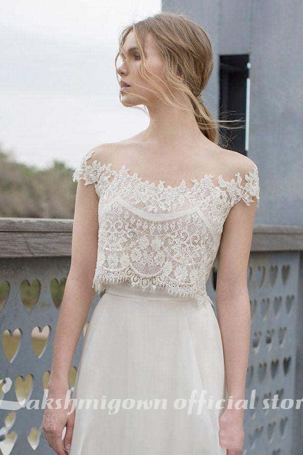 NumberSea Two Piece BOHO Wedding Dresses Lace Appliques Bodice Illusion Neckline Chiffon A Line Romantic Bohemian Bridal Dresses Summer