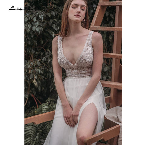 NumberSea Robe Soirée Mariage Boho Tiefer V-Ausschnitt Ärmel Sexy Spitze Chiffon High Split Brautkleider Strand Vestido de Novia Sin Espalda 2021