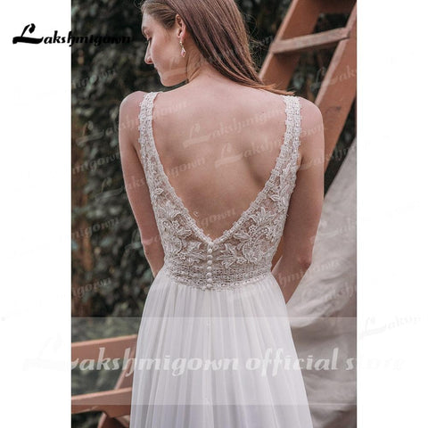NumberSea Robe Soirée Mariage Boho Tiefer V-Ausschnitt Ärmel Sexy Spitze Chiffon High Split Brautkleider Strand Vestido de Novia Sin Espalda 2021