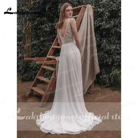 NumberSea Robe Soirée Mariage Boho Tiefer V-Ausschnitt Ärmel Sexy Spitze Chiffon High Split Brautkleider Strand Vestido de Novia Sin Espalda 2021