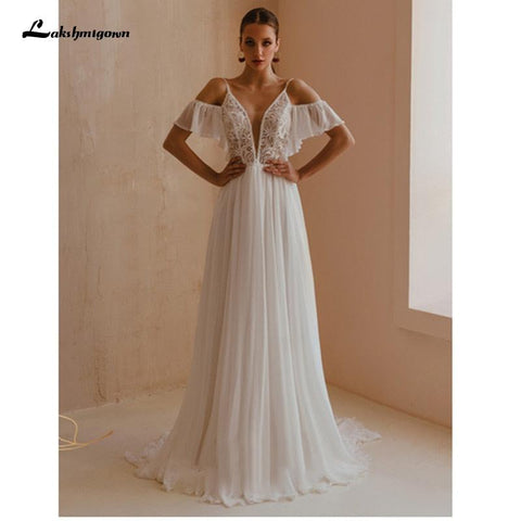 NumberSea Spaghetti-trägern Boho Braut Kleid EINE Linie Chiffon Hochzeit Kleider 2021 V-ausschnitt Kappe Kurzen Ärmeln Sukienki Damskie Lakshmigown