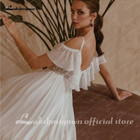 NumberSea Spaghetti-trägern Boho Braut Kleid EINE Linie Chiffon Hochzeit Kleider 2021 V-ausschnitt Kappe Kurzen Ärmeln Sukienki Damskie Lakshmigown