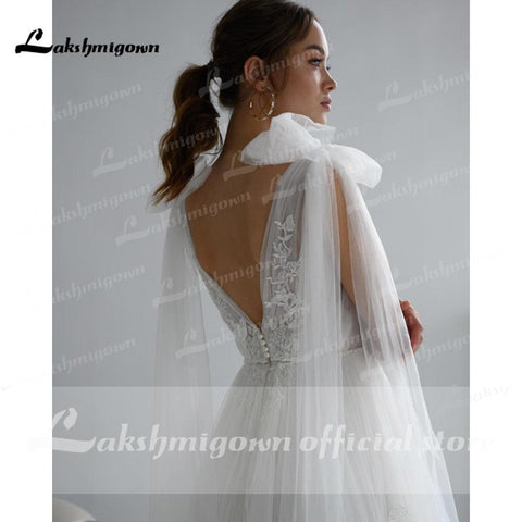 NumberSea 2021 Brautkleider mit Spitze, Tüll, rückenfrei, V-Ausschnitt, Schleife, elegant, V-förmiger Rücken, Hochzeitskleid von Lakshmigown