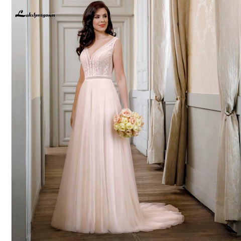 NumberSea Vestidos De Noiva V-Ausschnitt Spitze Rückenfrei Boho A-Linie Erröten Rosa Brautkleid V-förmiger Rücken Elegantes Vestido Para Boda Playa
