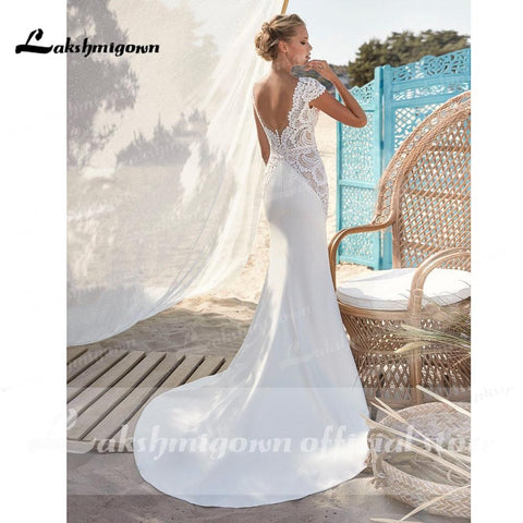 NumberSea trouwjurk robe mariée sirene Sexy Mermaid V Neck Cap Sleeve Brautkleider High Split Sweep Train robe de soirée de mariage