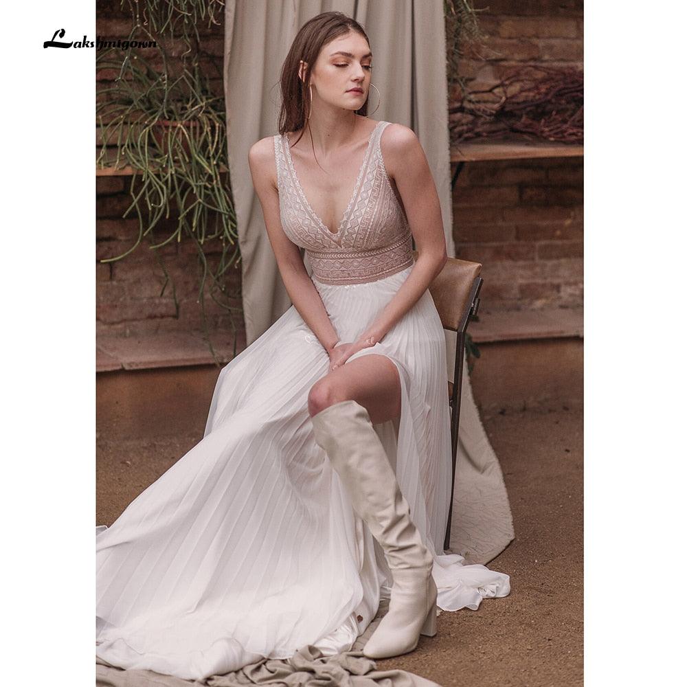 NumberSea vestido de novia sin espalda Deep V Neck Sexy Lace High Split Sleeveles Open Back Wedding Dresses vestido de fiesta de boda 2021