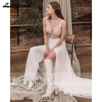 NumberSea vestido de novia sin espalda Deep V Neck Sexy Lace High Split Sleeveles Open Back Wedding Dresses vestido de fiesta de boda 2021