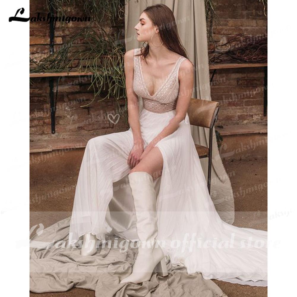 NumberSea vestido de novia sin espalda Deep V Neck Sexy Lace High Split Sleeveles Open Back Wedding Dresses vestido de fiesta de boda 2021