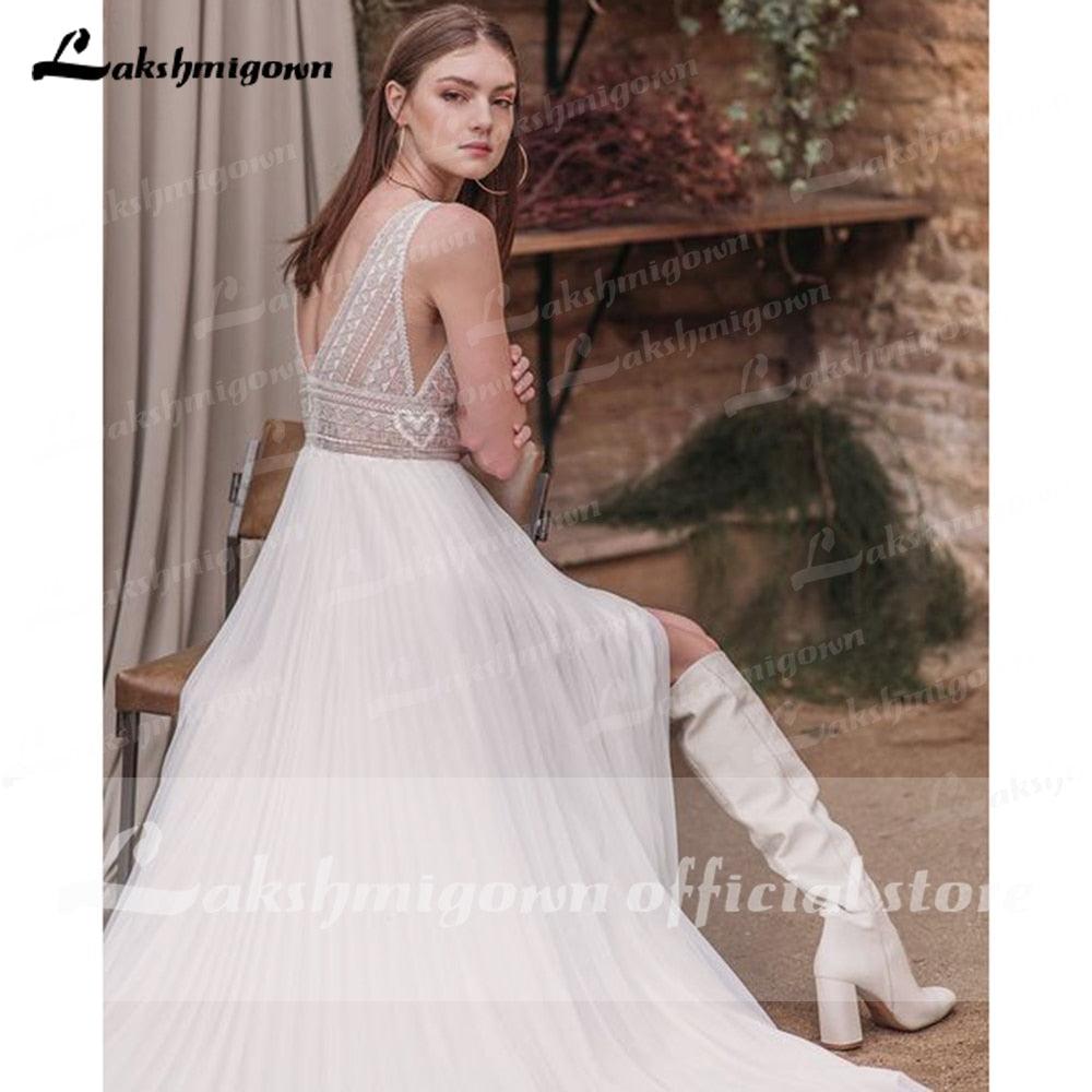 NumberSea vestido de novia sin espalda Deep V Neck Sexy Lace High Split Sleeveles Open Back Wedding Dresses vestido de fiesta de boda 2021