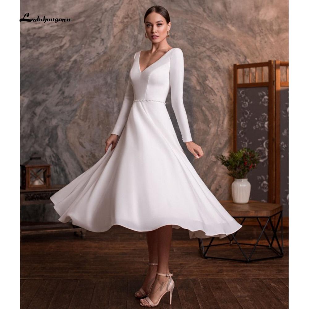NumberSea vestido de novia corto 2021 Short Tea Length Simple Long Sleeve V Neck Wedding Dresses With Buttons Backless 2021 robe mariage