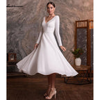 NumberSea vestido de novia corto 2021 Short Tea Length Simple Long Sleeve V Neck Wedding Dresses With Buttons Backless 2021 robe mariage
