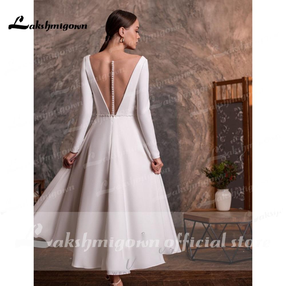 NumberSea vestido de novia corto 2021 Short Tea Length Simple Long Sleeve V Neck Wedding Dresses With Buttons Backless 2021 robe mariage