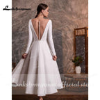 NumberSea vestido de novia corto 2021 Short Tea Length Simple Long Sleeve V Neck Wedding Dresses With Buttons Backless 2021 robe mariage